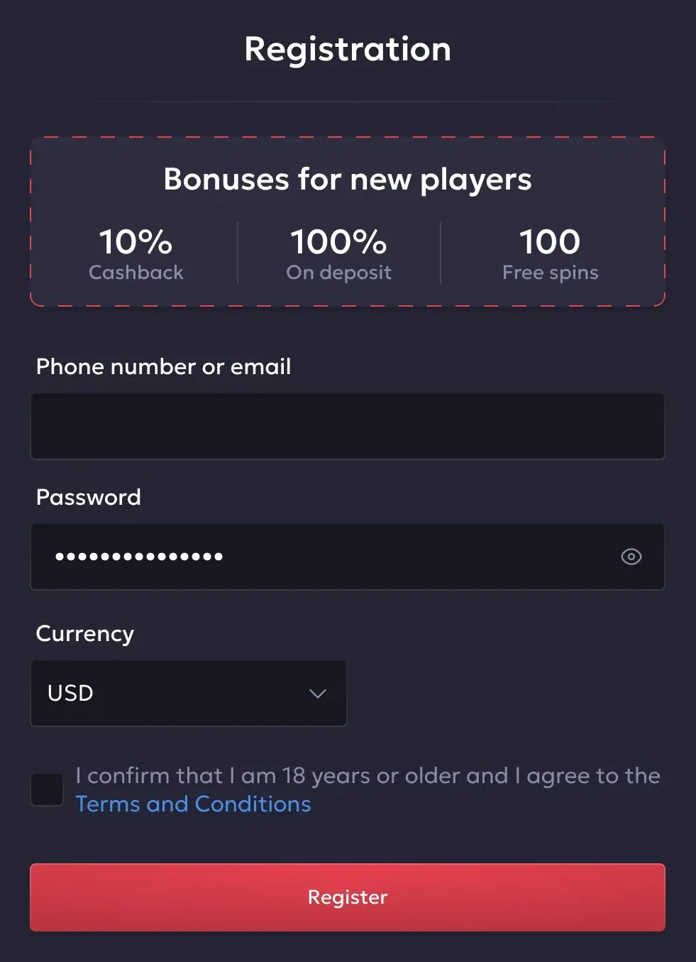 Vavada registration form with fields for phone number or email, password and currency in USD, an 18 plus checkbox and a panel listing 10 percent cashback, 100 percent on deposit and 100 free spins
