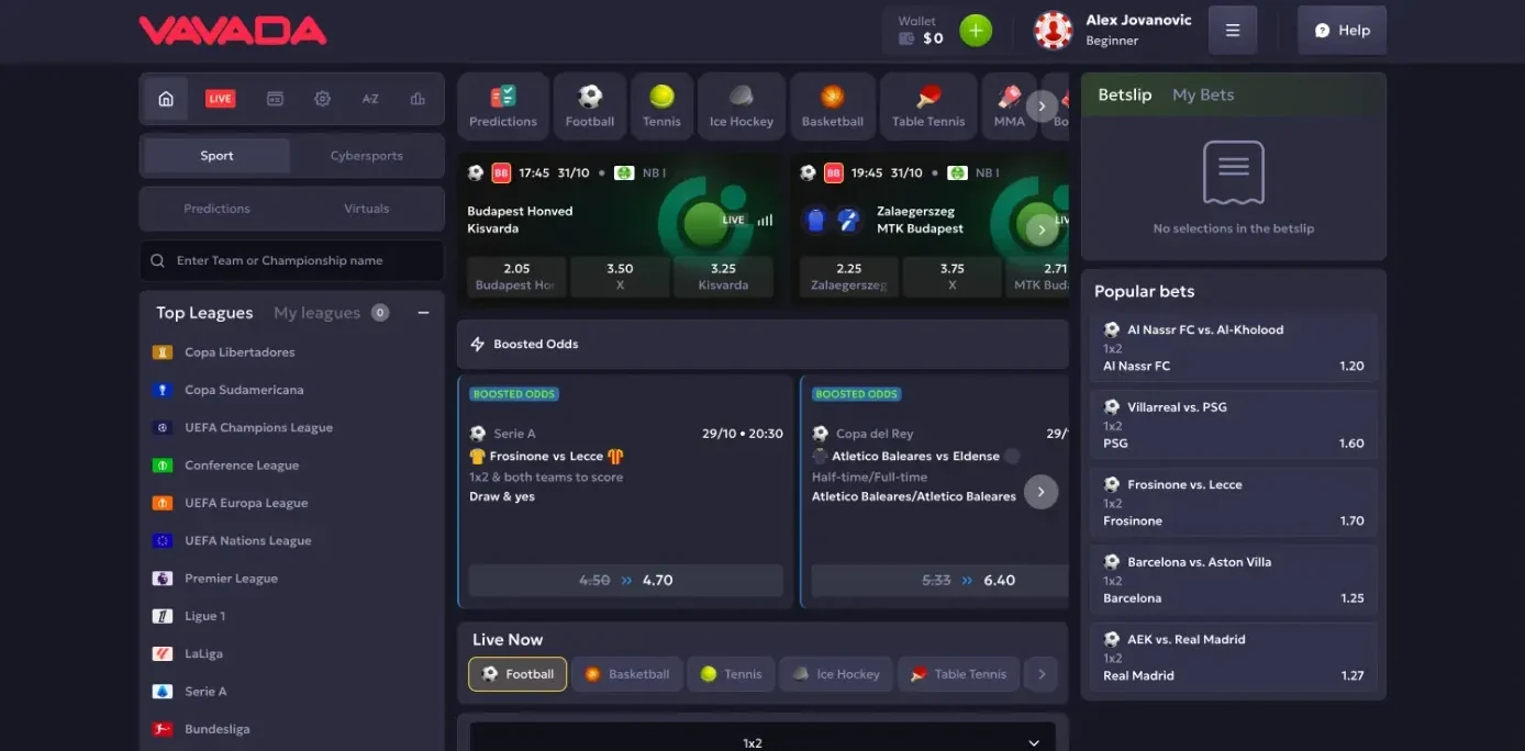 Vavada sportsbook with Hungarian NB I matches, a Boosted Odds row with old and new prices, Live Now tabs for football, basketball, tennis, ice hockey and table tennis, and a Popular bets column