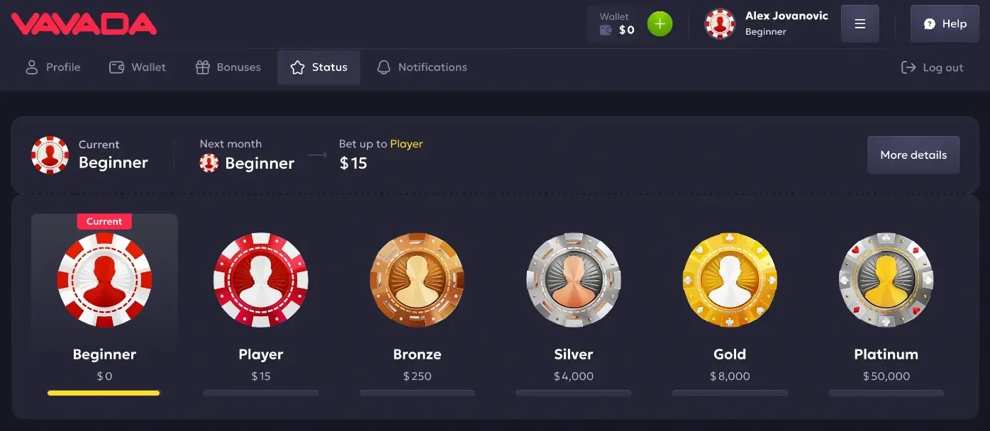 Vavada status page with six tiers: Beginner at 0 dollars, Player at 15, Bronze at 250, Silver at 4,000, Gold at 8,000 and Platinum at 50,000, with Beginner marked as current