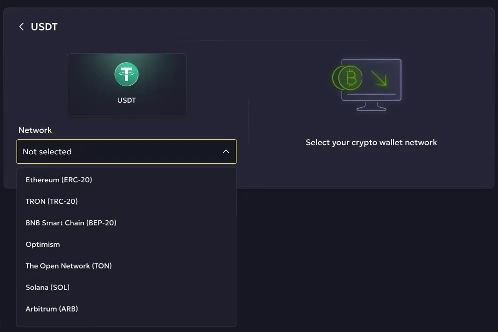 Vavada USDT deposit window with the network list open: Ethereum ERC-20, TRON TRC-20, BNB Smart Chain BEP-20, Optimism, The Open Network, Solana and Arbitrum