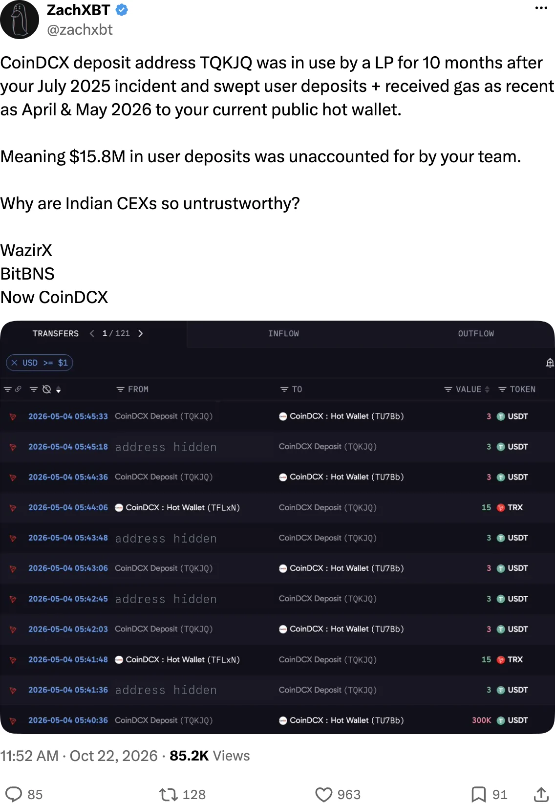 ZachXBT on X: the CoinDCX deposit address was in use by a liquidity provider for 10 months after July 2025, with transfers to the CoinDCX hot wallet on 4 May 2026